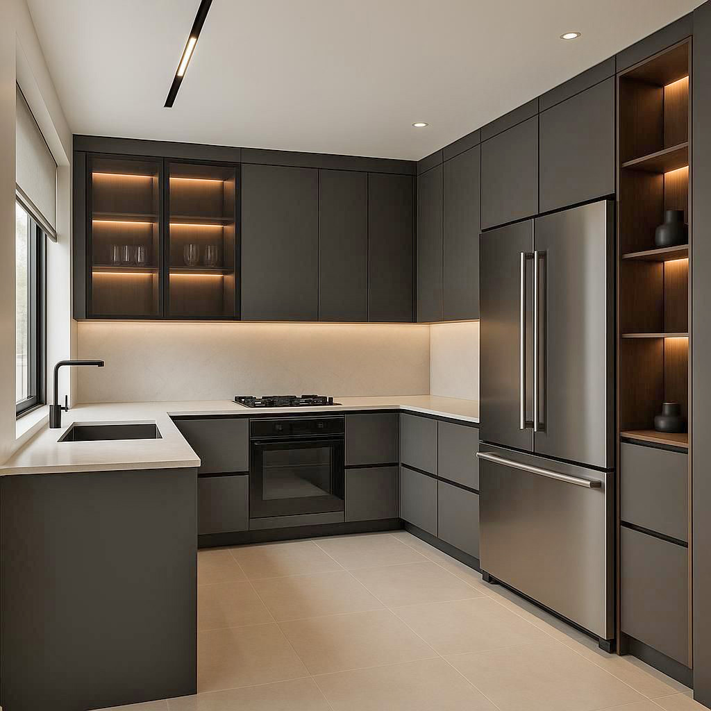 Modern U-shaped kitchen with dark cabinetry