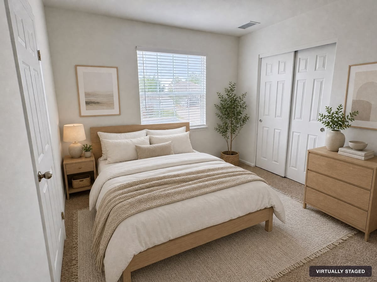 Bedroom staged in a Scandinavian style