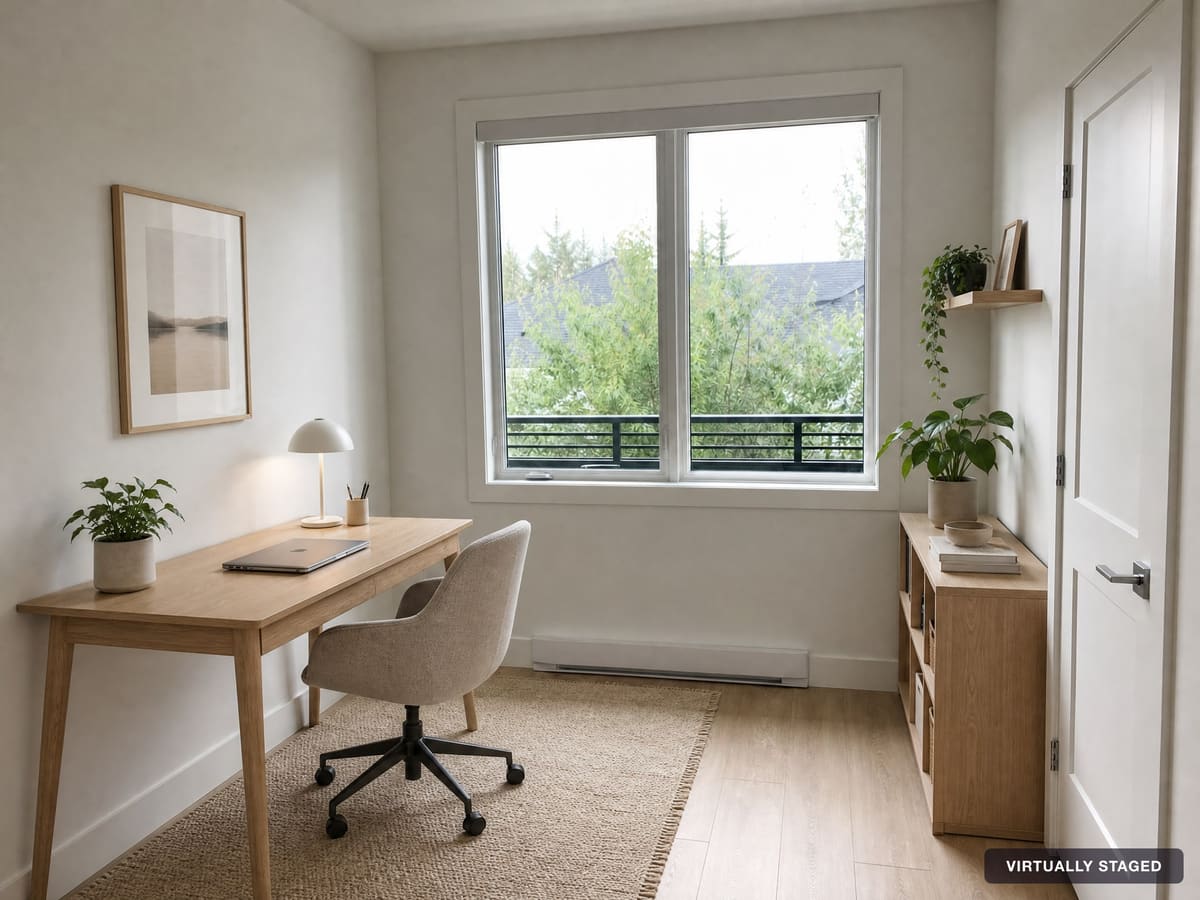 Virtually staged home office with a wood desk, task chair and shelving