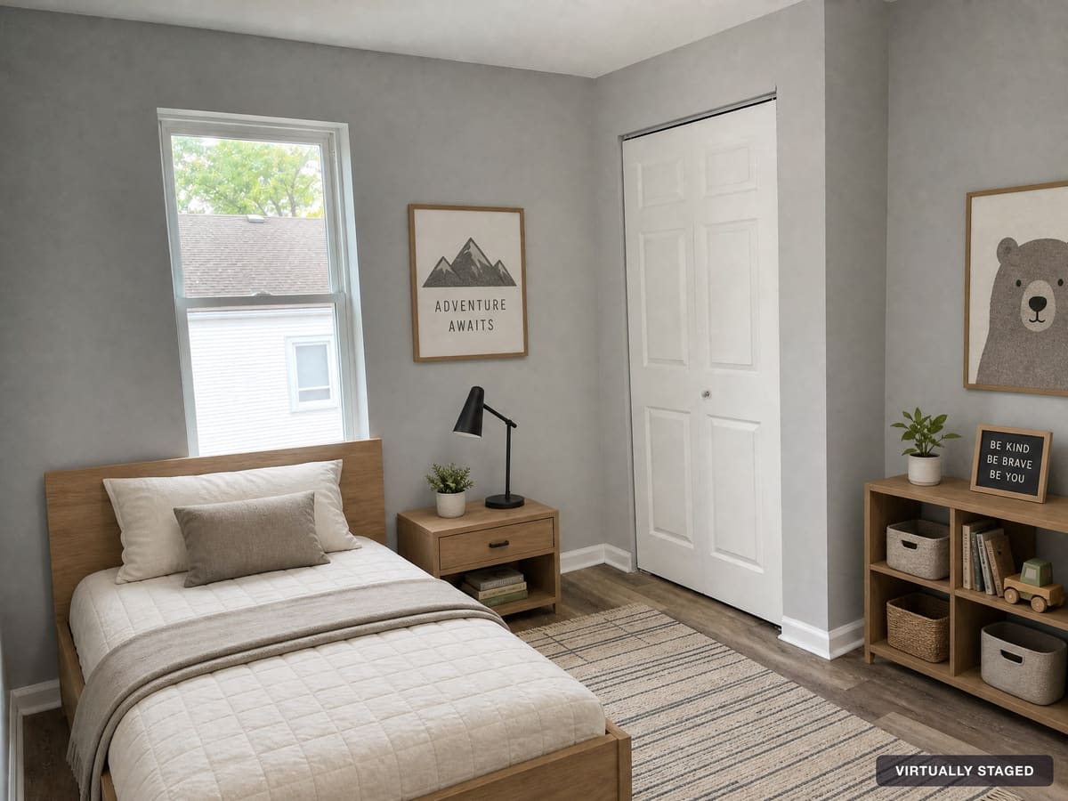 Virtually staged kids bedroom with a twin bed, toy storage and wall art