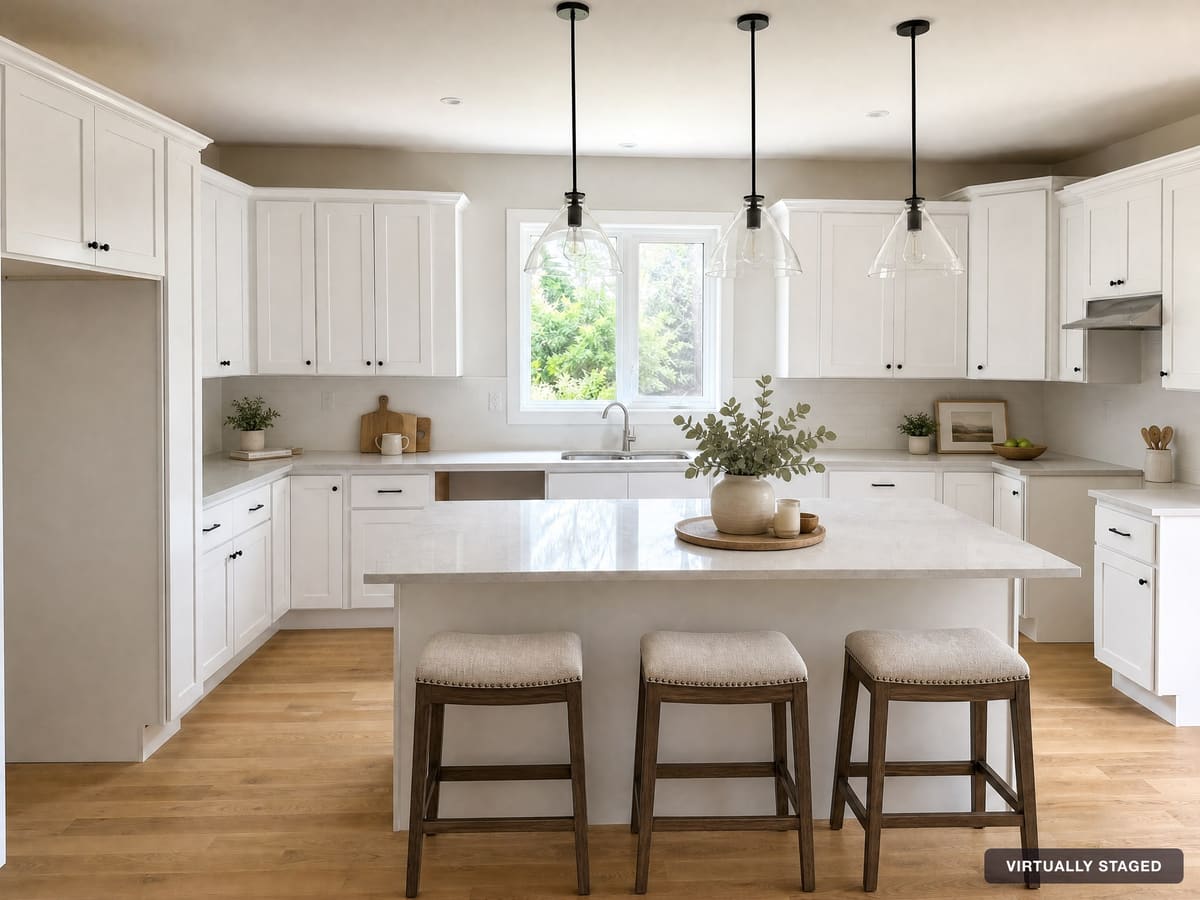 Virtually staged kitchen with counter stools at the island and styled countertops