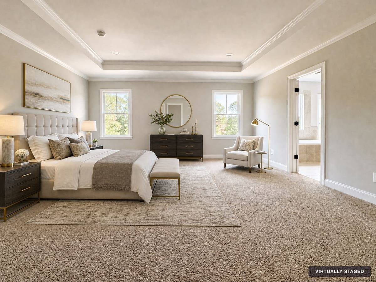 Virtually staged primary bedroom with an upholstered bed, nightstands and an accent chair